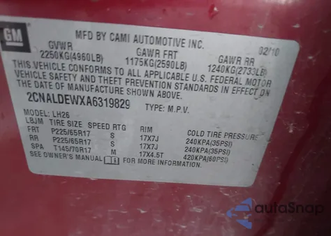 2010 Chevrolet Equinox Lt из США, поврежденный, VIN 2CNALDEWXA6319829